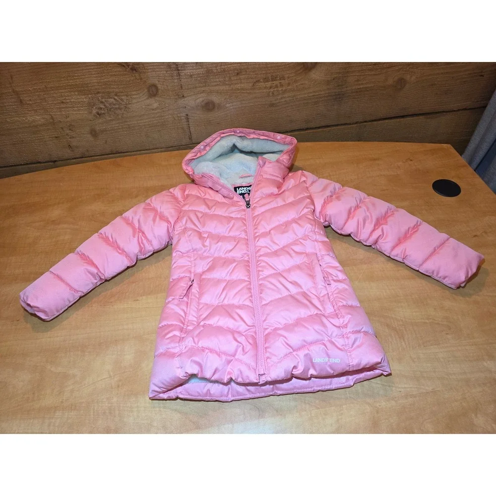 Lands End Girls Pink Puffer Jacket Faux Fur Lined Hooded Coat XS 5-6 LK340W404